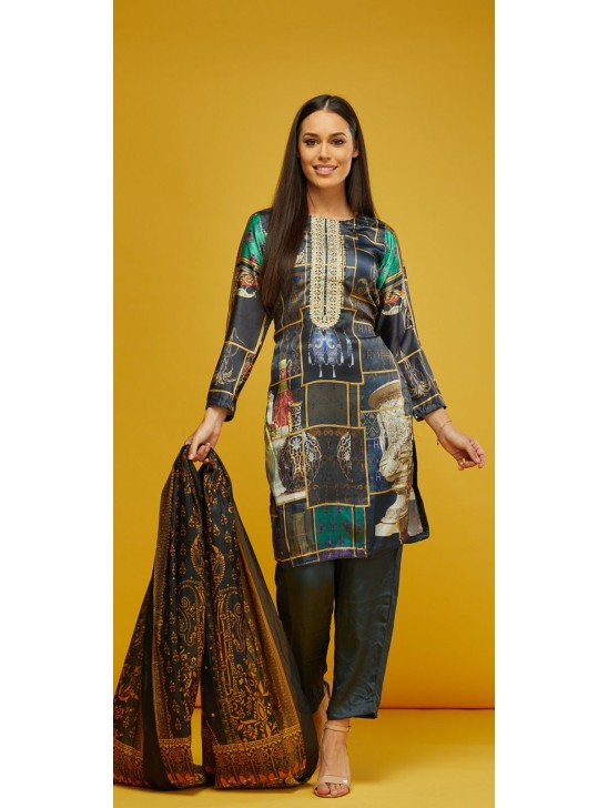 Grey Silk Printed Indian Salwar Kameez