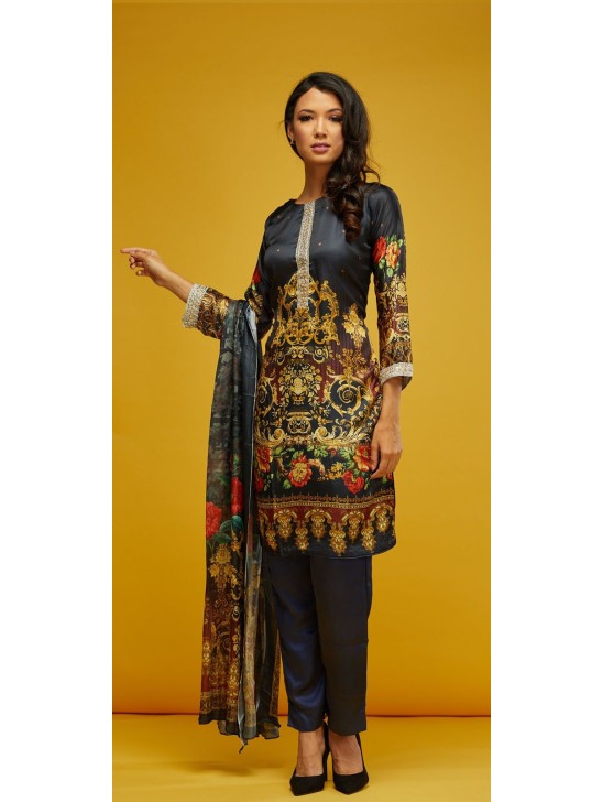 Blue Printed Silk Readymade Salwar Kameez