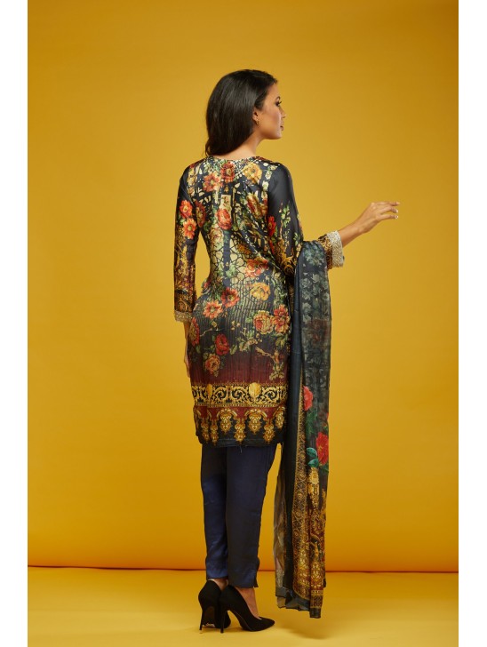 Blue Printed Silk Readymade Salwar Kameez