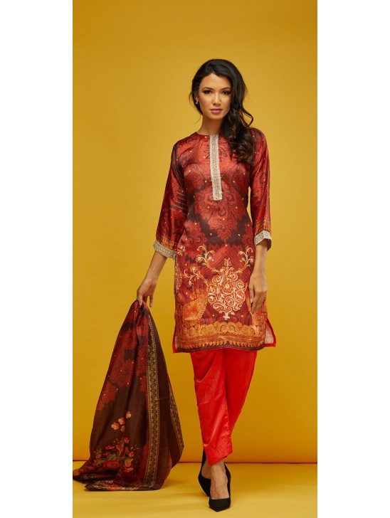 Red Printed 100 Silk Salwar Kameez