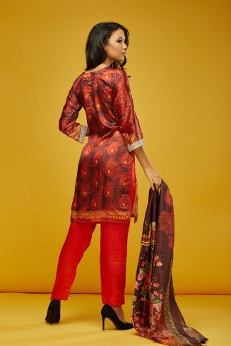 Red Printed 100% Silk Salwar Kameez