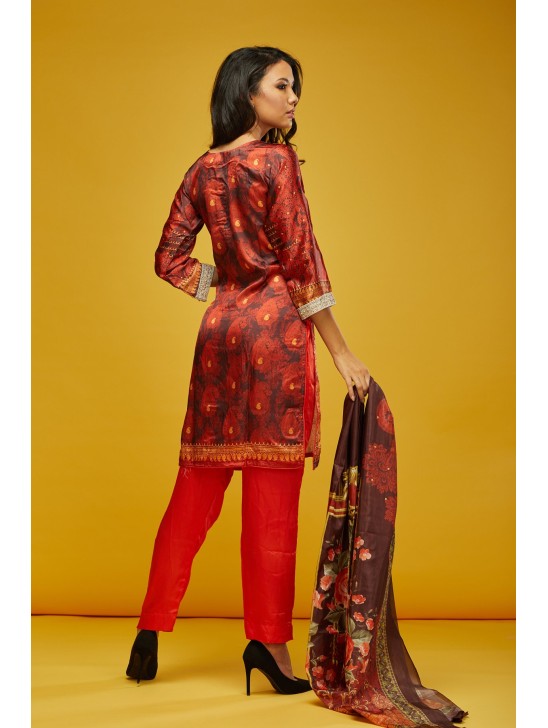 Red Printed 100 Silk Salwar Kameez