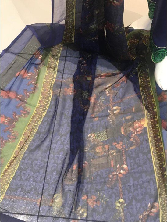 Navy Blue Printed & Embroidered Linen Winter Salwar Kameez