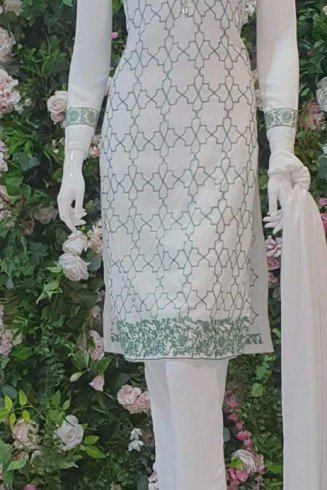 White Linen Pakistani Suit Readymade Design Salwar Online