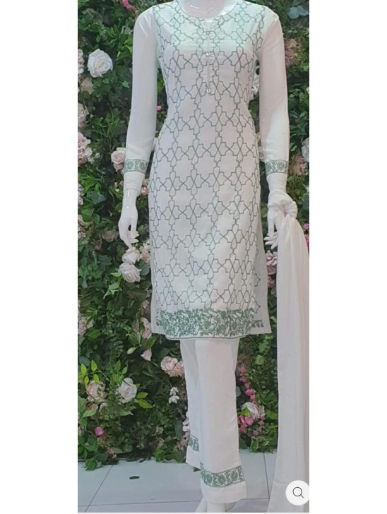 White Linen Pakistani Suit Readymade Design Salwar Online