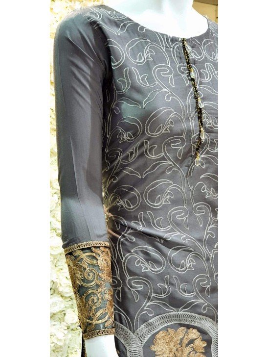 Grey Linen Resham Embroidered Readymade Salwar Suit