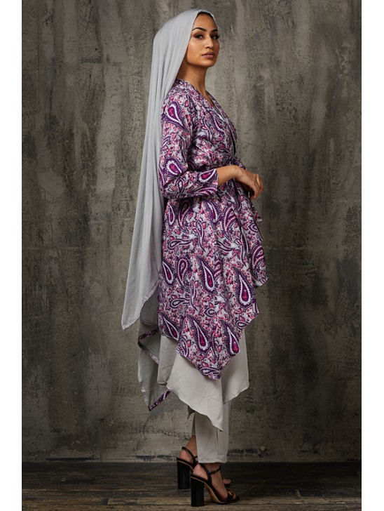 Grey and Purple Paisley Printed Jacket Suit Pakistani Designer Dress