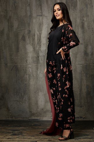 Black Floral Printed Jacket Suit Indian Formal Dress