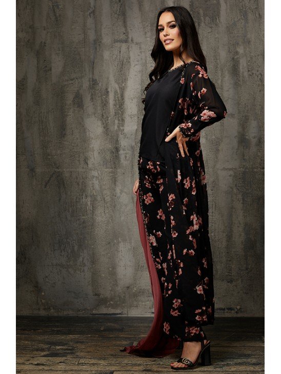 Black Floral Printed Jacket Suit Indian Formal Dress