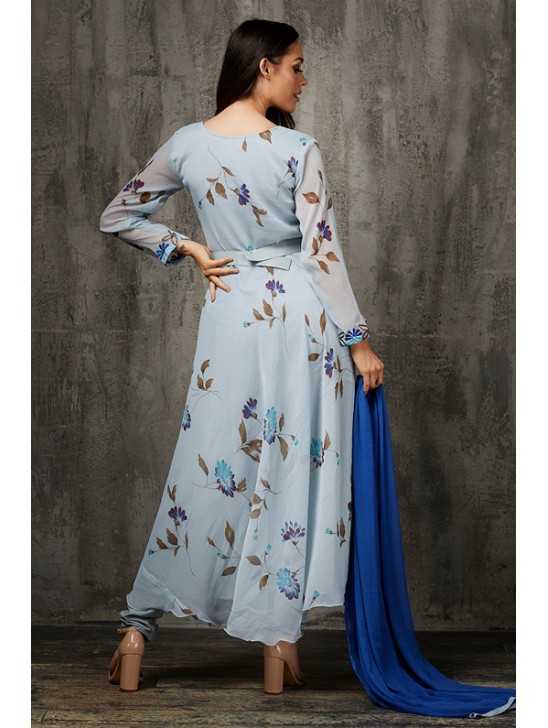 Sky Blue Floral Printed Frock Ready to Wear Pakistani Dress