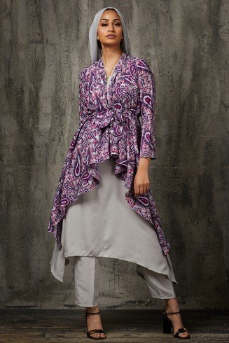 Grey and Purple Paisley Printed Jacket Suit Pakistani Designer Dress