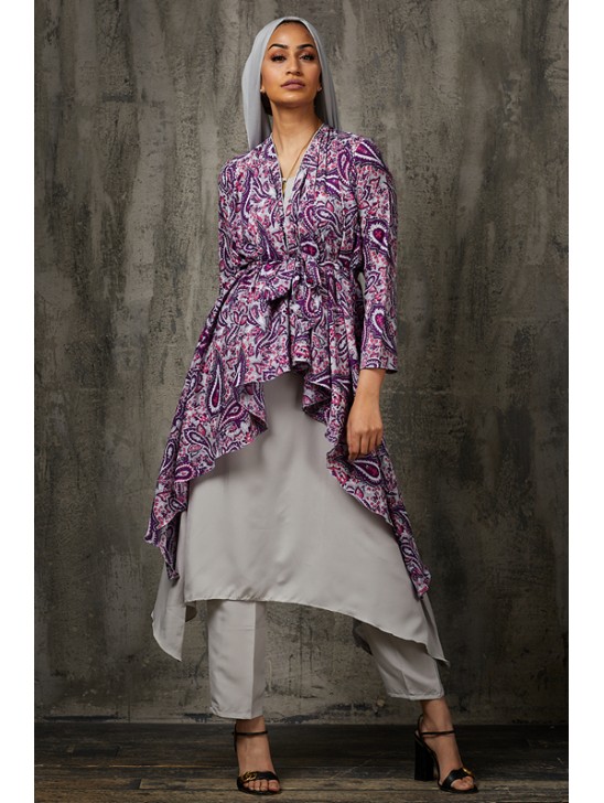 Grey and Purple Paisley Printed Jacket Suit Pakistani Designer Dress