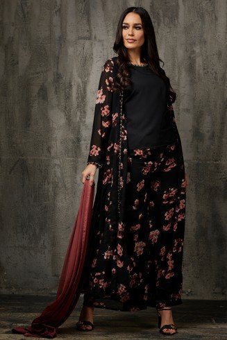 Black Floral Printed Jacket Suit Indian Formal Dress