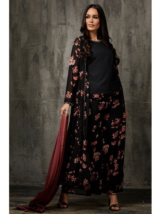 Black Floral Printed Jacket Suit Indian Formal Dress