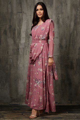 Pink Indian Saree Style Dress Printed Designer Suit