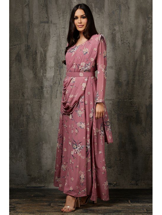 Pink Indian Saree Style Dress Printed Designer Suit
