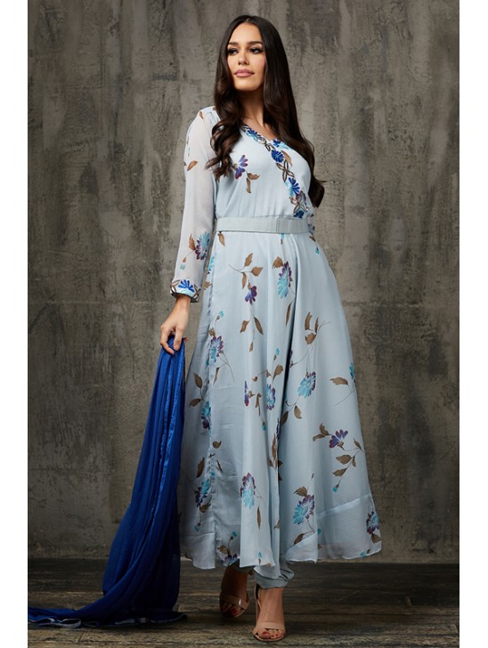 Sky Blue Floral Printed Frock Ready to Wear Pakistani Dress