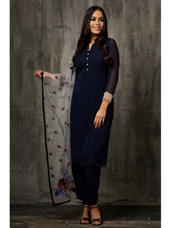 Navy Blue Salwar Kameez Readymade Pakistani Designer Party Suit