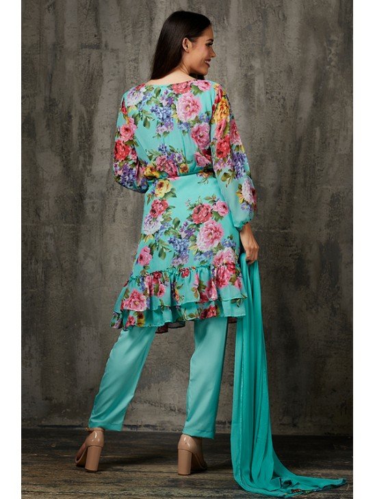 Turquoise Floral Printed Readymade Suit Pakistani Designer Salwar Kameez