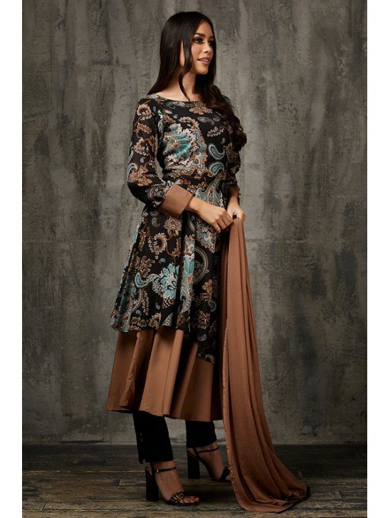 Black Printed Flap Style Dress Pakistani Designer Party Dress