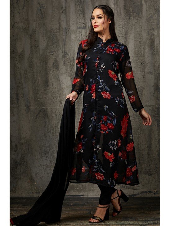 Black Floral Printed Front Slit Maxi Dress Buy Anarkali Suits Online