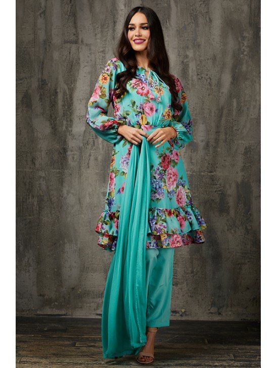 Turquoise Floral Printed Readymade Suit Pakistani Designer Salwar Kameez