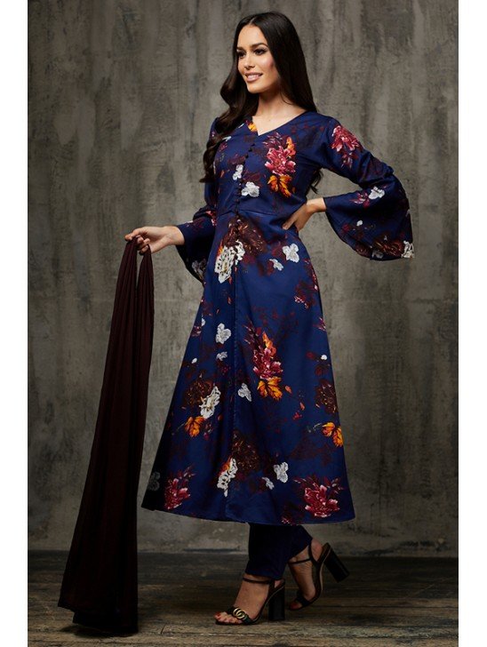 Navy Blue Floral Printed Front Slit Dress Cocktail Maxi