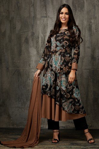 Black Printed Flap Style Dress Pakistani Designer Party Dress