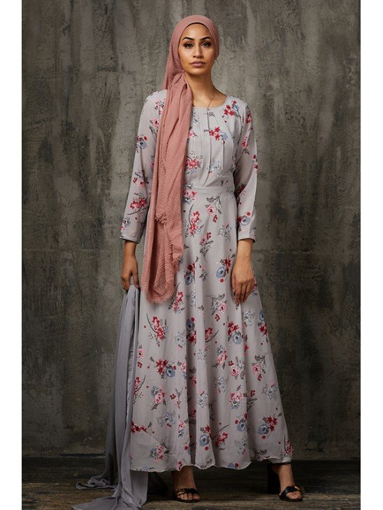 Grey Floral Printed Frock Indian Formal Anarkali Gown
