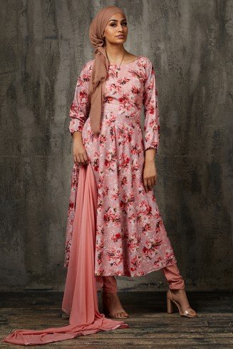 Peach Floral Printed Circular Dress Indian Ethnic Party Suit