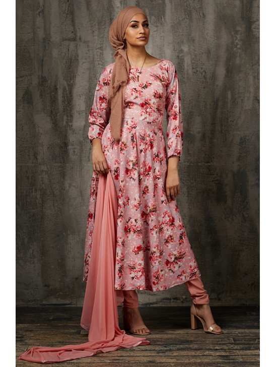 Peach Floral Printed Circular Dress Indian Ethnic Party Suit