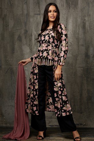 Black Floral Shirt & Trouser Readymade Jacket Style Pakistani Dress