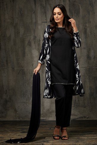 Black Printed Salwar Suit Designer Party Wear Jacket Style Dress