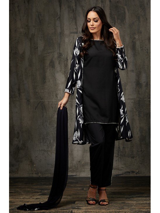 Black Printed Salwar Suit Designer Party Wear Jacket Style Dress