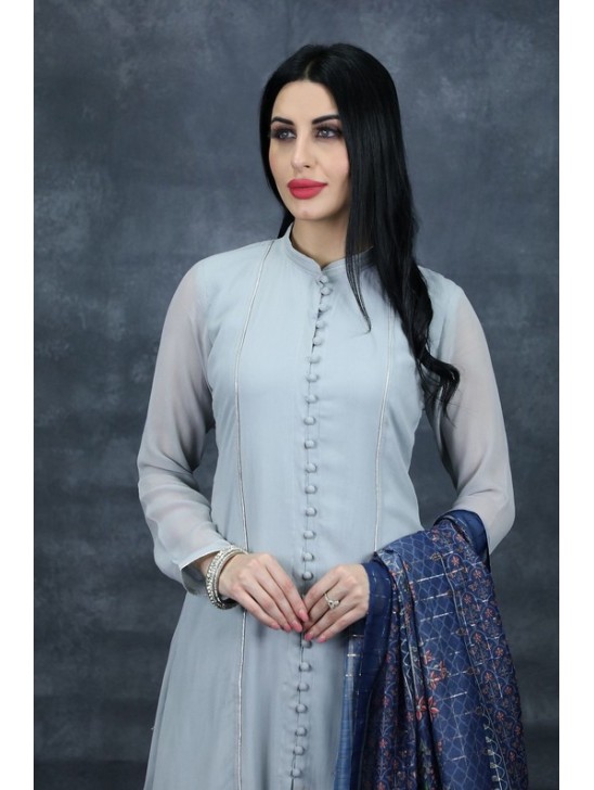 Grey & Blue Pakistani Suit Readymade Formal Dress