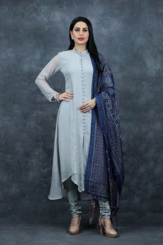 Grey & Blue Pakistani Suit Readymade Formal Dress