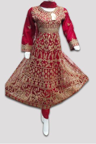 Red Chiffon Embroidered Suit Indian Pakistani Designer Frock