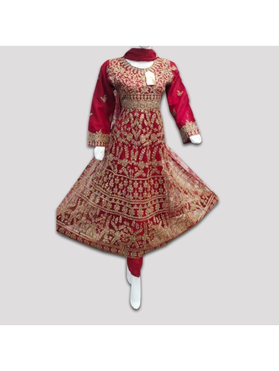 Red Chiffon Embroidered Suit Indian Pakistani Designer Frock