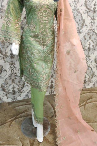 Green & Peach Embroidered Fancy Wedding Salwar Suit