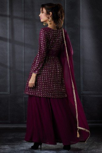 Dark Plum Pakistani Designer Kurti & Gharara Dress