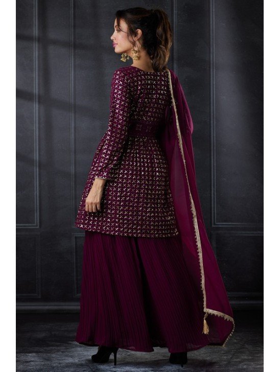 Dark Plum Pakistani Designer Kurti & Gharara Dress