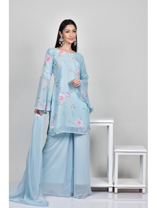 Light Blue Georgette Printed Sharara Style Readymade Suit