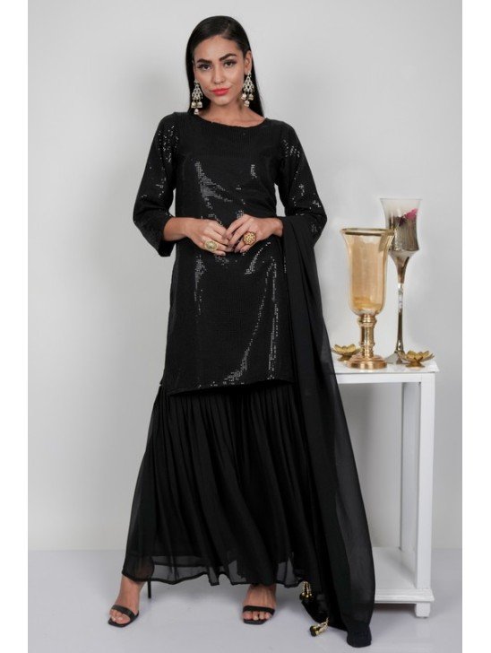 Black Sequin Georgette Indian Gharara Suit