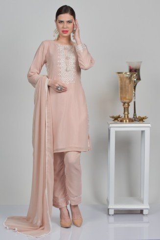 Peach Embroidered Indian Readymade Trouser Kameez