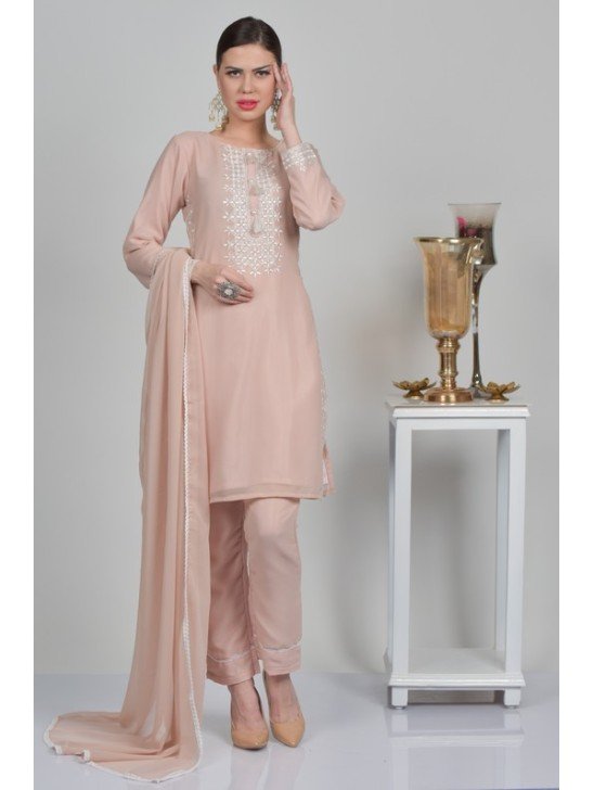 Peach Embroidered Indian Readymade Trouser Kameez