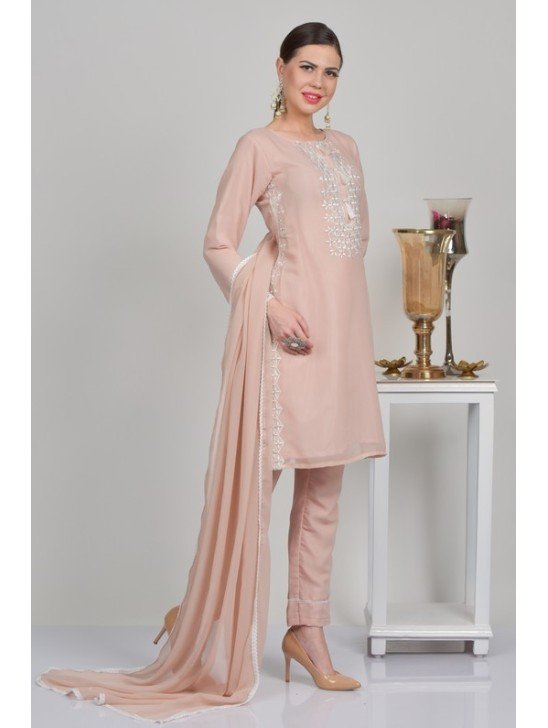 Peach Embroidered Indian Readymade Trouser Kameez