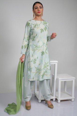 Pista Green Summer Leaf Printed Readymade Suit