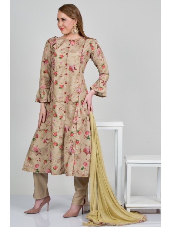 Beige Floral Printed Dress Summer Pakistani Dress