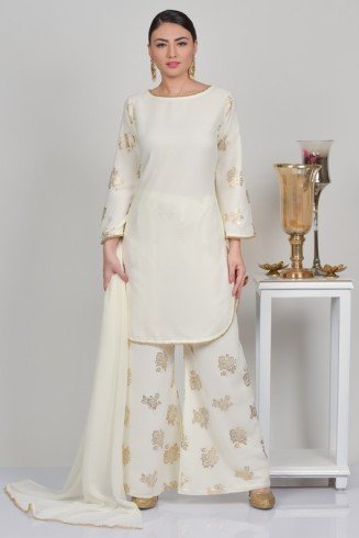 Ivory Pakistani Designer Traditional Palazzo Suit