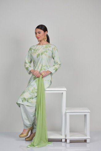 Pista Green Summer Leaf Printed Readymade Suit